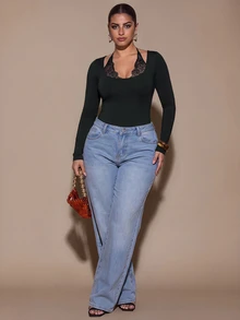 SHEIN BAE CURVE بودي سوت كاجوال يومي للنساء بمقاس كبير مع تفاصيل دانتيل وقطع قماشية - الأسود - مشاهدة 8