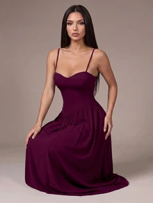 SHEIN PETITE 女款純色百褶優雅收腰派對細肩帶洋裝 - 紫色 - 查看 5