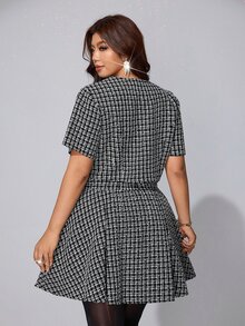 Viva Relle Plus Size Women's Plaid Short Sleeve Top And Skirt Fashion Set - Black and White - View 5