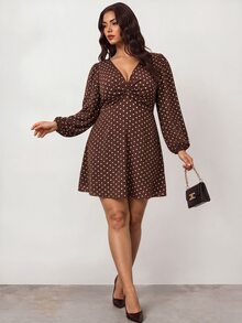 Enliva Plus Size V Neck Polka Dot Dress For Date Night And Brunch - Brown - View 3