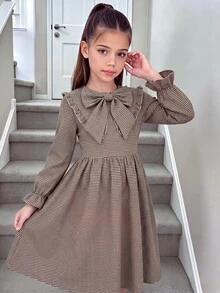 Tween Girl Tween Girl Tween Girl Tween Girls Long Sleeve Plaid Cinched Waist Bow Exaggerated Collar Long D - Khaki - View 9