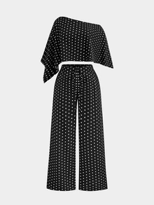 Sweetra Plus Size Women Polka Dot Pattern Asymmetrical Shoulder Top And Pants 2 Pieces Set - Black - View 4