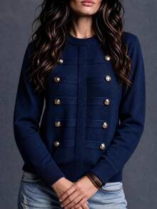 Trelyra Women's Soft Knit Top With Double-Breasted Gold Buttons, Gentle Style, Commuter - Navy Blue - View 7