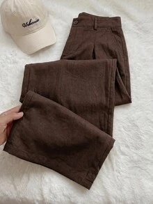Comfortcana Plus Size Solid Color Button Casual Wide Leg Pants Graduation,Back To Schoo - Chocolate Brown - View 4