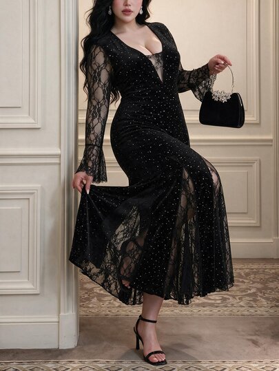 Vibekara Női plus size V-nyakú hosszú ujjú csipkeszéles elegáns vintage aranyos nyaraló parti koktél ruha, csillogó pailletékkel, hasítással, extra hosszú vonos velúr fekete estélyi ruha