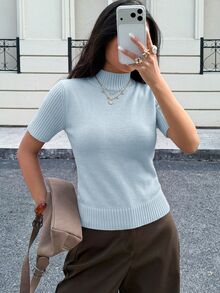 Siren Gaze 女款素色高領短袖針織上衣毛衣 全季新年夏季休閒端莊教師節辦公穿搭 - 淺藍色 - 查看 5