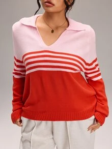 EMERY ROSE Plus Size Women's Pink And Red Polo Collar Striped Colorblock Ribbed Cuff Long Sleeve Knit Top Fall/Winter Warmth - Multicolor - View 3