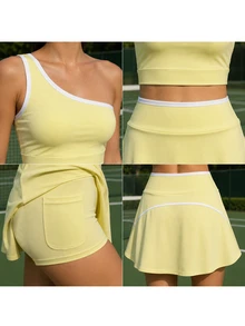 CourtClass 2 Set Light Yellow White Trim One Shoulder Skort With Built-In Shorts, A Line Flared Slim Fit, Tennis Workout Summer Casual - Light Yellow - View 4