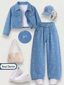 SHEIN 秋冬新款女童幼兒時尚蝴蝶結波點水洗牛仔套裝 2件組 短夾克 + 寬鬆直筒寬腿牛仔褲，適合日常穿著、假期、休閒外出與戶外活動 - 藍色 - 查看 1
