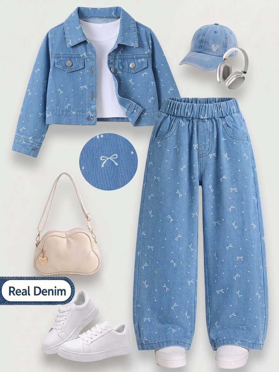 SHEIN 秋冬新款女童幼兒時尚蝴蝶結波點水洗牛仔套裝 2件組 短夾克 + 寬鬆直筒寬腿牛仔褲，適合日常穿著、假期、休閒外出與戶外活動 - 藍色 - 查看 1