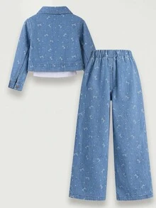 SHEIN 秋冬新款女童幼兒時尚蝴蝶結波點水洗牛仔套裝 2件組 短夾克 + 寬鬆直筒寬腿牛仔褲，適合日常穿著、假期、休閒外出與戶外活動 - 藍色 - 查看 2