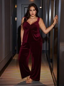 SilkySpell Wine Spaghetti Strap Long Pants Ruched Chest Design Sexy Plus Size Women's Loungewear Set - Burgundy - View 5