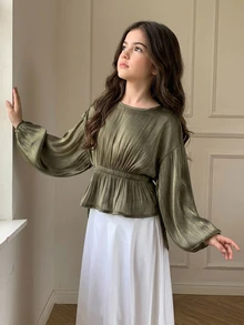 Dazy Kids Tween Girl Fashion Ruched Waist Long Sleeve Blouse - Army Green - View 7