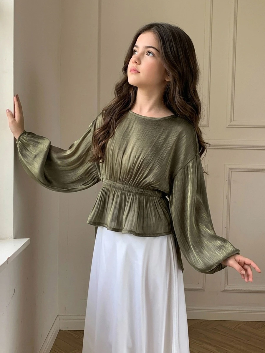 Dazy Kids Tween Girl Fashion Ruched Waist Long Sleeve Blouse - Army Green - View 1