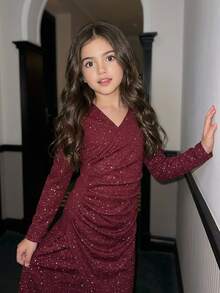 DAZY Tween Girl) V-Neck Pleated Asymmetric Long Dress, Autumn Dress - Burgundy - View 1