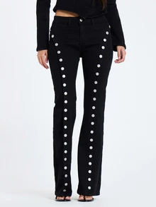 MUSERA Black Denim Button Detail Flare Jean Fall Winter Women Outfit Casual - Black - View 2