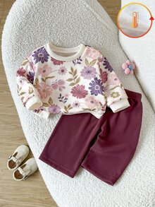 SHEIN 2件組幼女衛衣長褲套裝，可愛酒紅粉色花朵蝴蝶印花，長袖圓領加厚，適合戶外玩耍、秋季假期，毛絨材質 - 彩色 - 查看 1