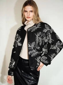 Aveloria Modichic Women's Jacket Loose Straight Embroidered Single-Breasted Round Neck Modern Black Large White Leaf Embroidery Fall Clothes For Women Autumn Outfit - Black - View 4