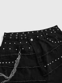 ROMWE Grunge Punk 女款 Y2K 復古亞文化風磨損下擺鉚釘珠飾裝飾破洞雙腰頭不對稱修身緊身大尺碼牛仔迷你裙 - 黑色 - 查看 3