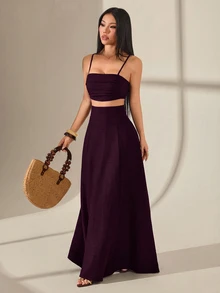 SHEIN PETITE 女款純色短版細肩帶背心上衣與裙子時尚兩件套 - 酒紅色 - 查看 5