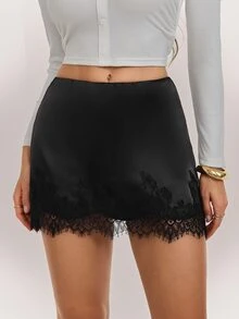 SHEIN Tall Women's Elegant Low Waist Lace Patchwork Mini Skirt - Black - View 5
