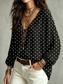 SHEIN Women's Autumn/Winter New Hot-Selling Polka Dot Print Pattern Casual Versatile C-Neck Blouse - Multicolor - View 5