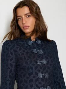 Nöista Navy Blue Geometric Jacquard Chinese Top, Slim Fit, Ruffled , Elegant, Parties Banquets.Fall/Winter,Going Out,Chic.Classic,Casual - Navy Blue - View 6