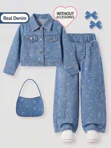 SHEIN 秋冬新款女童幼兒時尚蝴蝶結波點水洗牛仔套裝 2件組 短夾克 + 寬鬆直筒寬腿牛仔褲，適合日常穿著、假期、休閒外出與戶外活動 - 藍色 - 查看 4