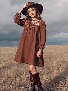 Tween Girl Tween Girl) Brown Lantern Sleeve Embroidered Cute Round Neck Long Sleeve Dress, Suitable For Birthday Party And Daily Wear - Coffee Brown - View 4