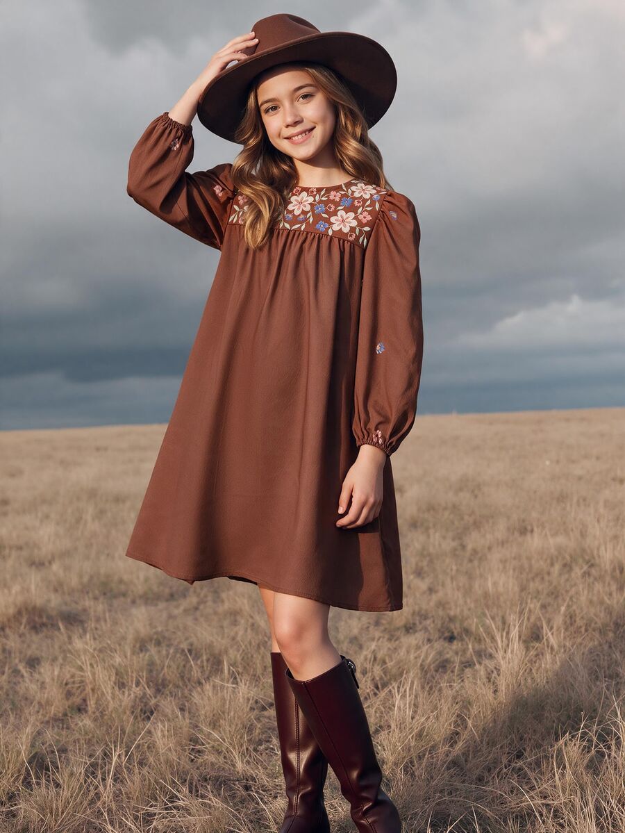Tween Girl 棕色燈籠袖刺繡可愛圓領長袖洋裝,適合生日派對與日常穿著 - 咖啡棕 - 查看 1