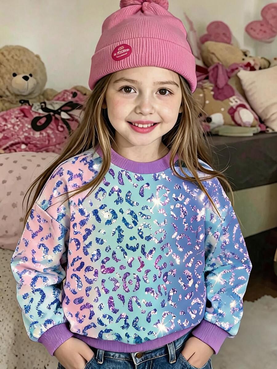 2026 Edition Ku Young Girls Laser Leopard Print Crew Neck Pullover Long Sleeve Sweatshirt Suitable For Daily Wear - White - View 1