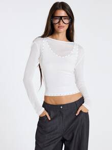 MUSERA White Overlayer Detail Long Sleeve Top Fall Winter Women Outfit Casual - White - View 1