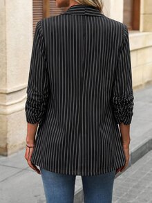 SHEIN LUNE 女款休閒夏季度假通勤日常基礎時尚條紋薄款西裝外套，秋冬款 - 黑與白 - 查看 2