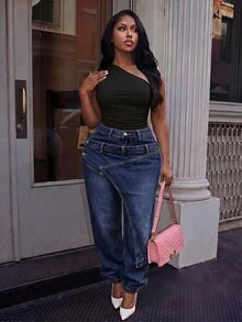 Slaydiva Jeans de diseñador con puños de botones talla grande - Azul - Ver 3