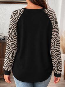 SHEIN VCAY Plus Size Women's Casual Raglan Sleeve Round Neck Loose Fit T-Shirt Suitable For Spring And Autumn - Multicolor - View 2