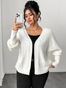 SHEIN Elenzya Women's Autumn New Single Piece Rope Pattern Sleeve Tight Design Loose Short Versatile Solid Color Daily Commute Knit Cardigan Sweater Plus Size - Beige - View 1