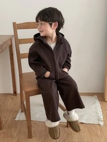 DAZY Baby Girl Solid Color Zip-Up Hoodie And Pants Casual Daily Set - Coffee Brown - View 7