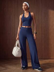 Zivah Women's Halter Neck Colorblock Striped Top And Loose Pants Sports Set - Multicolor - View 10