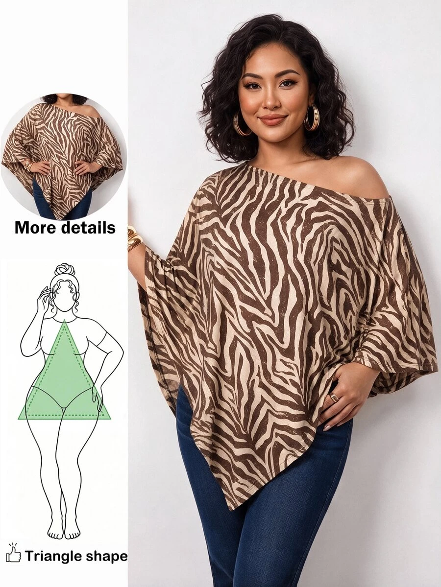 Truni Plus-Size Knit Zebra Print One-Shoulder Asymmetrical Shawl Top Pear Body,Triangle Body - Multicolor - View 1
