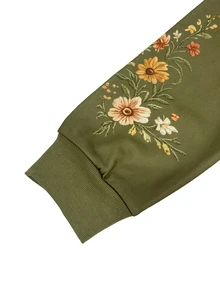 EMERY ROSE Plus Size Women's Army Green Floral Sweatshirt, Crew Neck Long Sleeve Casual Pullover, Autumn Winter Thanksgiving Brunch - Army Green - View 6