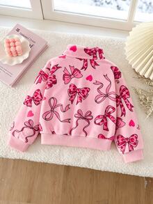 SHEIN Genkimix Kids Young Girls Sweet Cute Bow Fuzzy Zipper Jacket Coat Suitable For Daily Casual Outings Spring Autumn Winter - Pink - View 2