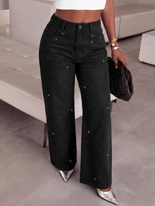 Slaydiva Women's Loose Wide Leg Shiny Casual Denim Jeans With Pockets - Black - View 3