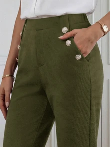 Medorina 女款純色鈕扣設計優雅通勤西裝褲 - 軍綠色 - 查看 7