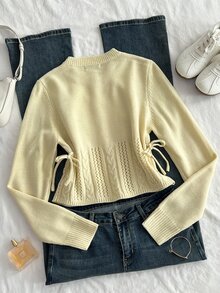 Sweetra Cream Yellow Round Neck Single-Breasted Hollow Cable Knit Women's Cardigan - Light Yellow - View 2