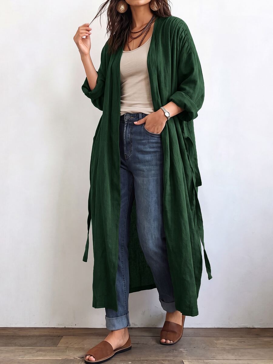 Linhara CURVE Women's Long Casual Linen Jacket, Outdoor Casual, Commute Top - Dark Green - View 1