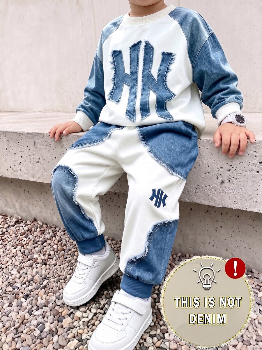 Young Boys Non-Denim Print Raglan Sleeve Letter Graphic Crewneck Sweatshirt And Pants Set - Multicolor - View 1