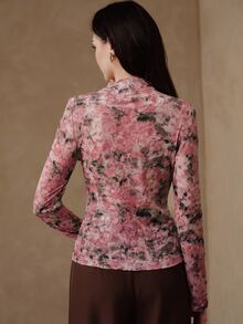 Anewsta Pink Floral Ruffle Collar Mesh Fitted Long Sleeve Soft Style Versatile Layering Women's Top T-Shirt - Pink - View 7