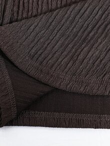 SHEIN Tween女孩秋冬休閒童裝修身款圓領長袖藍白針織條紋蝴蝶結T恤上衣與寬腿長褲2件套 - 棕色 - 查看 5