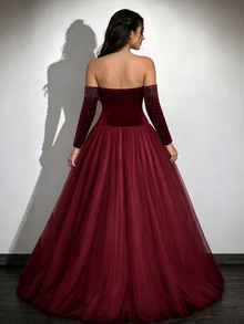 GlowEve CURVE Spring/Autumn Off-Shoulder Mesh Dress With Rhinestones And Crystals, Elegant And Glamorous Burgundy, Suitable For Christmas, Valentine's Day, Chinese New Year, Party, New Year And Multiple Occasions, Plus Size - Merry Berry - View 2