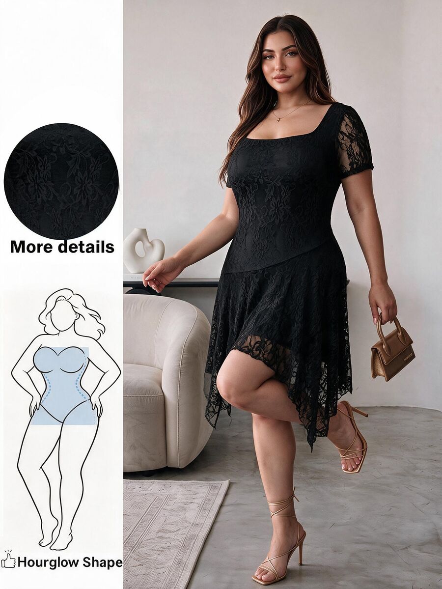 Hourglow Plus Size Leopard Print Mesh Square Neck Short Sleeve Ruched Asymmetric Hem Mini Dress – Sexy Party Nightclub Women's Clothing - Black - View 1